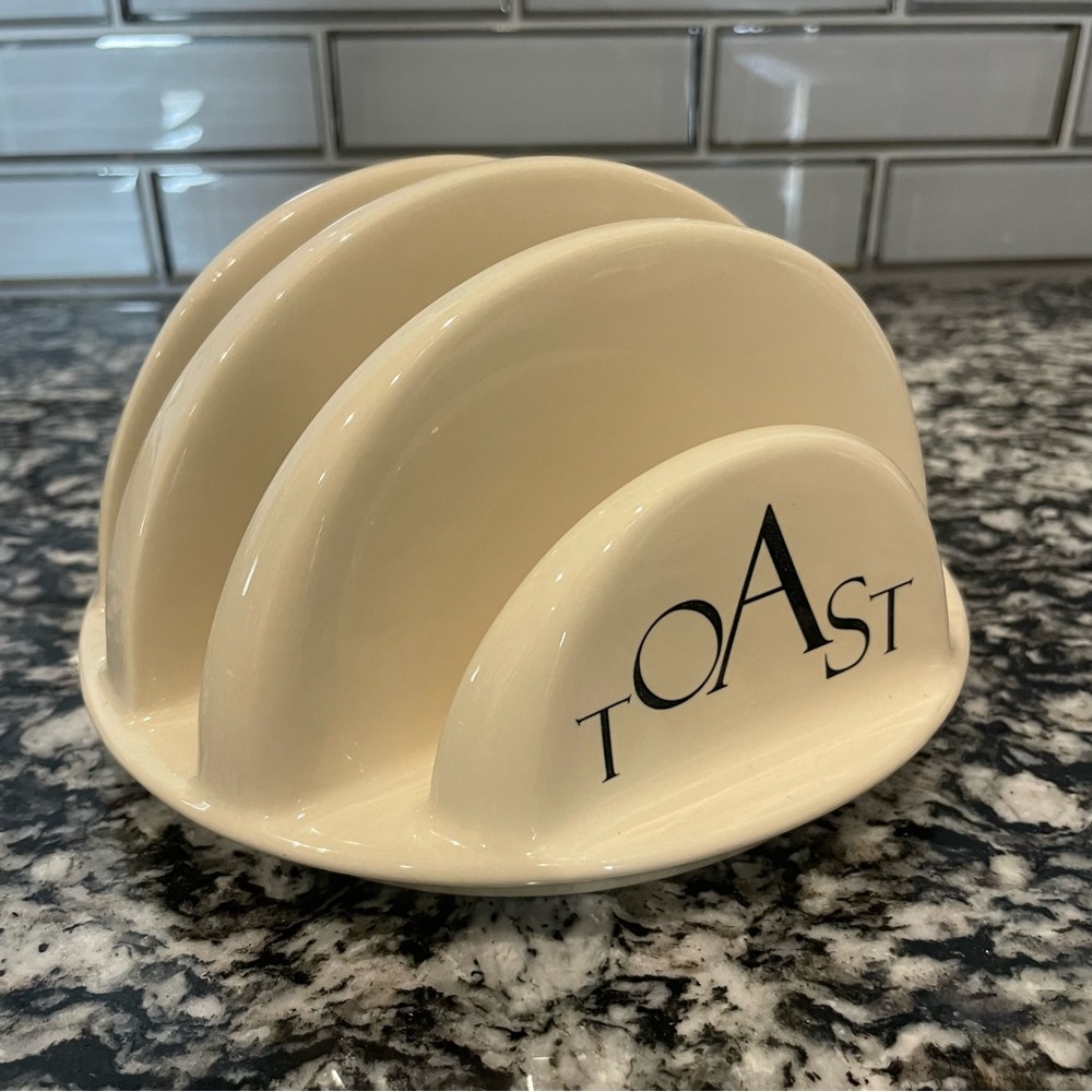 Create by Just Mugs ~ Ceramic Toast Holder Beige Off-White with Black Letters